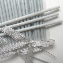 Load image into Gallery viewer, 25pcs 6" Plastic Dust Silver Glitter Sticks + Bags + Silver Ribbon bows