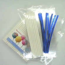 Load image into Gallery viewer, 100pcs 6" Lollipop Stick, 100 pcs Poly Bag,  100pcs Blue Twist Tie for parties