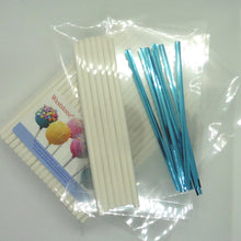 Load image into Gallery viewer, 100pcs 6" Lollipop Stick, 100 pcs Poly Bag,  100pcs Baby Blue Twist Tie for cake pops in baby shower or party