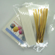 Load image into Gallery viewer, 100pcs 6" Lollipop Stick, 100 pcs Poly Bag,  100pcs Bright Gold Twist Tie for cake pops in baby shower or party
