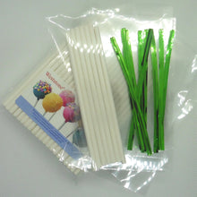 Load image into Gallery viewer, 100pcs 6" Lollipop Stick, 100 pcs Poly Bag,  100pcs Green Twist Tie for cake pops in baby shower or party