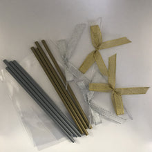 Load image into Gallery viewer, Gold and Silver Cake Pop Sticks, with silver and gold Ribbon Bows", along with 3" x 5" Clear Plastic bags - Qty 50/pack