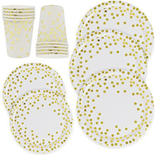 Load image into Gallery viewer, Amazon.com: Gift Boutique Gold Dot Disposable Paper Plates and Cups Set For 50; Gold Metallic Foil 50 Dinner Plates 50 Dessert Plates and 50 9 oz Cups for Thanksgiving Christmas Baby Shower Wedding Birthday: Gateway