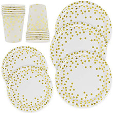 Load image into Gallery viewer, Amazon.com: Gift Boutique Gold Dot Disposable Paper Plates and Cups Set For 50; Gold Metallic Foil 50 Dinner Plates 50 Dessert Plates and 50 9 oz Cups for Thanksgiving Christmas Baby Shower Wedding Birthday: Gateway