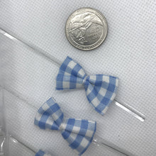 Load image into Gallery viewer, 25pcs Light Blue Gingham 3 mm x 2 mm Pre-Tied Ribbon Bows in wedding or birthday Party