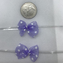 Load image into Gallery viewer, 25pcs Purple Polka Dotted 3 mm x 2 mm Pre-Tied Ribbon Bows in wedding or birthday Party