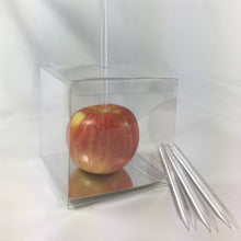 Load image into Gallery viewer, 20pcs Candy Apple Packing Sets - 4&quot;x4&quot;x4&quot; Candy Apple Box With 8mm Hole Top, 6”x7/32” Clear Pointed Sticks and 4”x4” Silver Paper Board