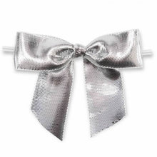 Load image into Gallery viewer, Weststone 50pcs Satin Silver Bows 3 1/2" Span x 2" Tail, Ribbon Width 1", Pre-Tied Bows or Self-Adhesive Bows (TTB53SILV)